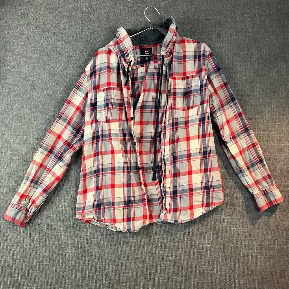 Quiksilver Mens Flannel Shirt Hooded Large L Red Blue Plaid Casual - Picture 1 of 6